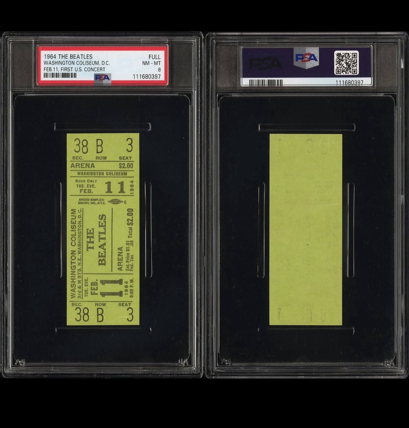This Beatles ticket is from the first concert ever in the United States. This is the highest graded ticket in existence! We helped our customer get this ticket graded and it will now be auctioned off at Heritage Auctions in the Summer Platinum Auction. Let us know if you need help or information about a high ticket item and let us help you!!!