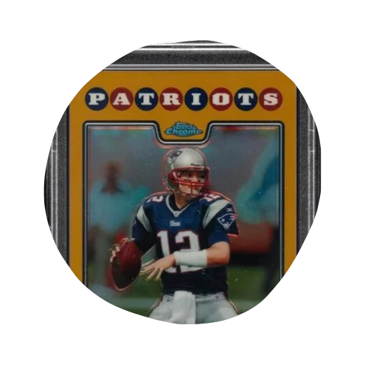 Image of a Tom Brady football card. The card features Brady in his New England Patriots uniform, poised to throw a pass. The PSA label at the top indicates the card’s excellent condition.