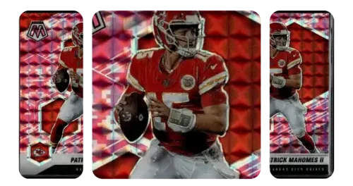 Image of a Patrick Mahomes hologram football card. The card features Mahomes in his Kansas City Chiefs uniform, preparing to throw a pass. The holographic effect adds a dynamic, shimmering quality to the image.