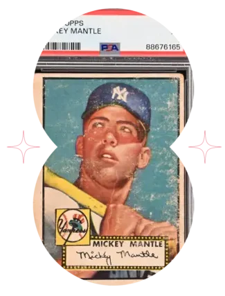 Image of a Mickey Mantle baseball card. The card features Mantle in his New York Yankees uniform, holding a bat. The PSA label at the top indicates the card’s excellent condition.