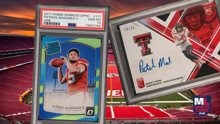 Two Patrick Mahomes rookie sports cards displayed, including a 2017 Panini Donruss Optic Rated Rookie PSA 10 Lime variation and an Elite Draft Picks card with autograph, set against a stadium background.